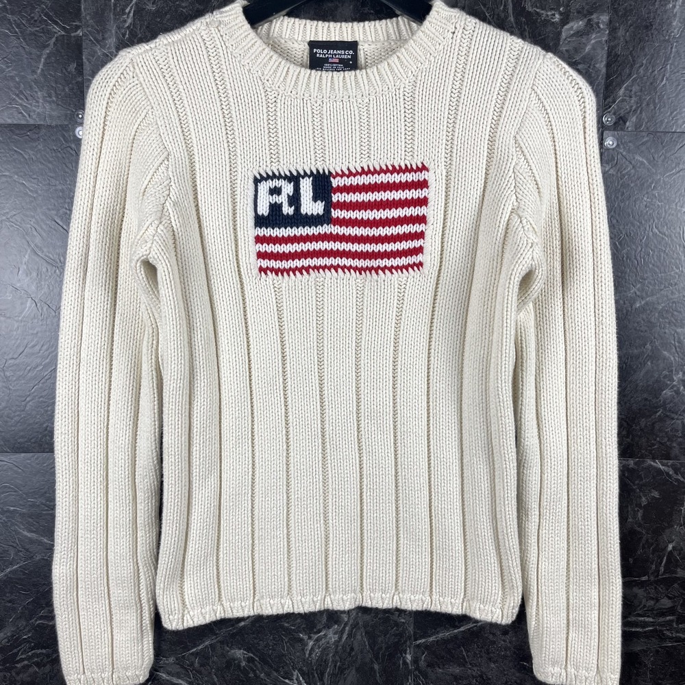 Polo Ralph Lauren Women's Beige Co USA Flag Knit Sweater Small
